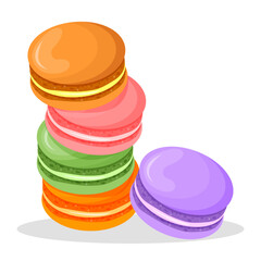 Set of colorful French macaroon cookies isolated on white. Sweet pastry baking, food design.