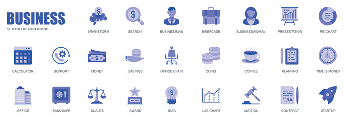 Business concept of web icons set in simple flat design. Pack of brainstorm, briefcase, presentation, pie chart, calculator, support, money, savings and other. Vector blue pictograms for mobile app