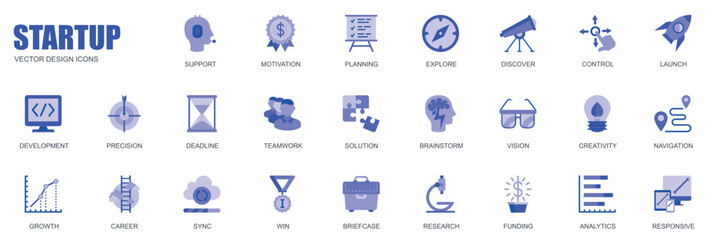 Startup concept of web icons set in simple flat design. Pack of support, motivation, planning, launch, development, precision, deadline, teamwork, win and other. Vector blue pictograms for mobile app