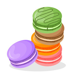 Set of colorful French macaroon cookies isolated on white. Sweet pastry baking, food design.