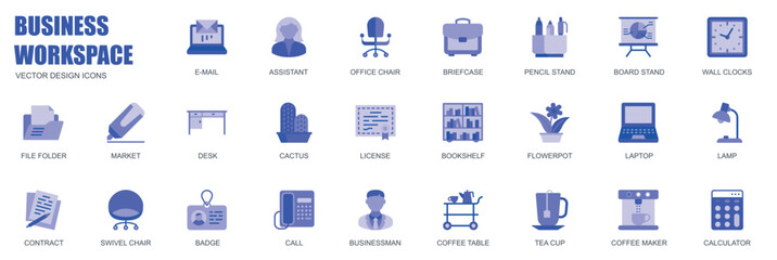 Business workspace concept of web icons set in simple flat design. Pack of e-mail, assistant, office chair, briefcase, pencil, clock, file folder, lamp and other. Vector blue pictograms for mobile app