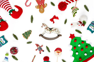 Christmas decorations, gifts, gingerbread, toys, lollipops on a white background.Christmas background