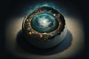 The shape of the earth. Sci-fi background with planet and abstract universe, earth map. Fantasy, Flat planet theory. Earth view from space. AI