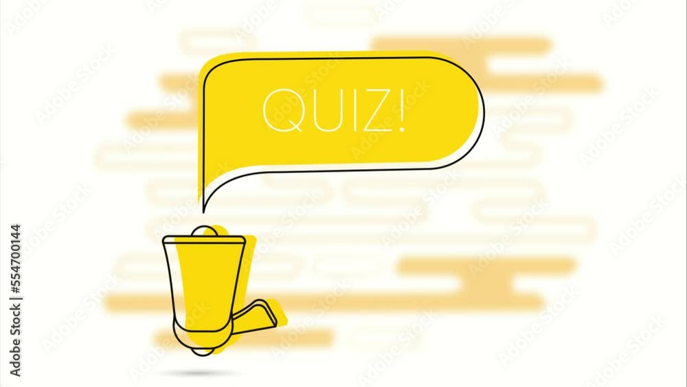 Poster Quiz banner. Megaphone and yellow speech bubble with text. Loudspeaker. Flat design. 4K video animation