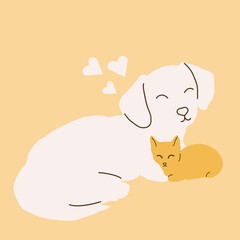 Cat and Dog. Minimalist puppy and kitten illustration. Yellow.