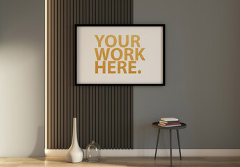 Horizontal poster Frame Mockup hanging on wall in room