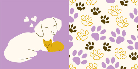 Cat and Dog. Minimalist puppy and kitten illustration + paw print drawing. Purple