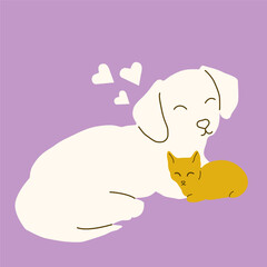 Cat and Dog. Minimalist puppy and kitten illustration. Purple.