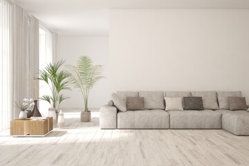 Fototapeta premium White living room with sofa. Scandinavian interior design. 3D illustration