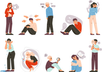 Young adult problems, abused teens. Busy teenager, alone sad people have mental disorders. Unhappy teenagers, teen stress snugly vector emotional set