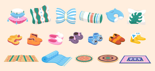 Cozy home elements, slippers pillows and carpets. Fluffy carpet, orthopedic and decorative pillow. Cute children and adult slipper, vector set