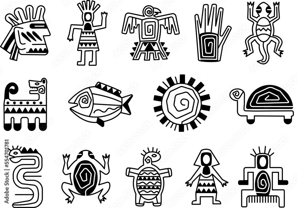 Wall mural Mayan totem symbols, tattoo ethnic signs. Ornate aztec mythology, mexican indian or inca mythological tradition decent vector tribal elements