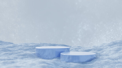 Christmas Winter Product podium on  ice background of drifts, snowflakes and snow. 3D Rendering