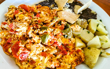 Mexican omelet with black beans potatoes nachos on white plate.
