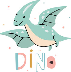 Cute dinosaur t-shirt print design. Dino flying, cartoon prehistoric animal sticker. Boys cloth decor, vector template