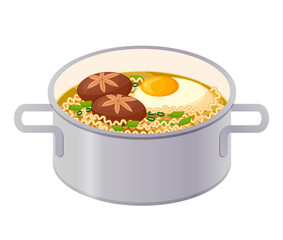 Ramen korean style. Ramyun, Ramyeon noodles in saucepan. Asian food. Colorful vector illustration isolated on white background.