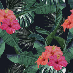 Abstract jungle summer background. Seamless  tropical pattern with palm tree and hibiscus. Vector illustration. Vintage style. Retro print - obrazy, fototapety, plakaty