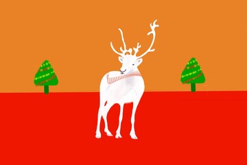 Christmas, cute white deer with christmas tree on gold and red background