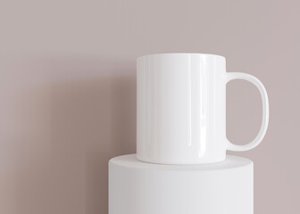 White mug mock up. Blank template for your design, advertising, logo. Close-up view. Copy space. Cup presentation on beige background. Minimalist coffee cup mockup. 3D rendering.