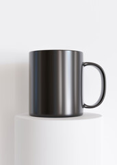 Black mug mock up. Blank vertical template for your design, advertising, logo. Close-up view. Copy space. Cup presentation on white background. Minimalist coffee cup mockup. 3D rendering.
