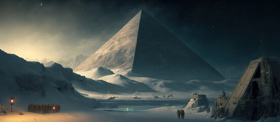 Naklejka na ściany i meble Glacial period in ancient Egypt. Fantasy winter landscape, Giza pyramids in snow, apocalypse. AI