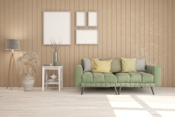 Stylish colorful room with sofa. Scandinavian interior design. 3D illustration