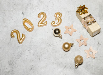 happy new year 2023 background new year holidays card with bright lights,gifts and bottle of hampagne