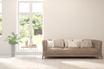 White living room with sofa and summer landscape in window. Scandinavian interior design. 3D illustration