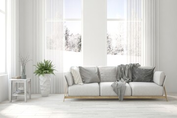 White living room with sofa and winter landscape in window. Scandinavian interior design. 3D illustration