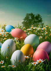 Fototapeta na wymiar Decorated Easter Eggs In The Grass With Daisies. Image created with Generative AI technology.