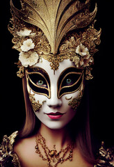 Beautiful girl with golden mask ,not a real person, made with Generative AI