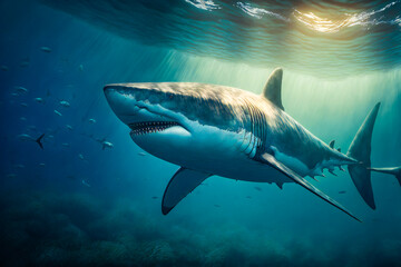 Obraz na płótnie Canvas Great White Shark Underwater. Image created with Generative AI technology.