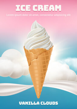 Ice cream poster. Ads placard illustration with delicious ice cream with liquid jam decent vector design menu of frozen products