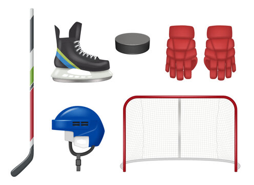Hockey items. Stick pucks helmet gloves decent vector realistic template of professional sport