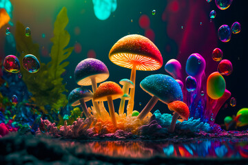 Fototapeta na wymiar Psychedelic Decorative mushrooms. Image created with Generative AI technology.