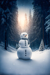 Fototapeta premium Smiling snowman outdoors on winter day. Image created with Generative AI technology.