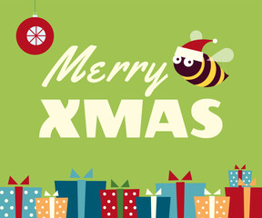 Medium rectangle web banner. Retro styled colorful illustration of a cute bee in a Santa hat flying near the words "Merry Xmas" over a bunch of presents. Light green background.
