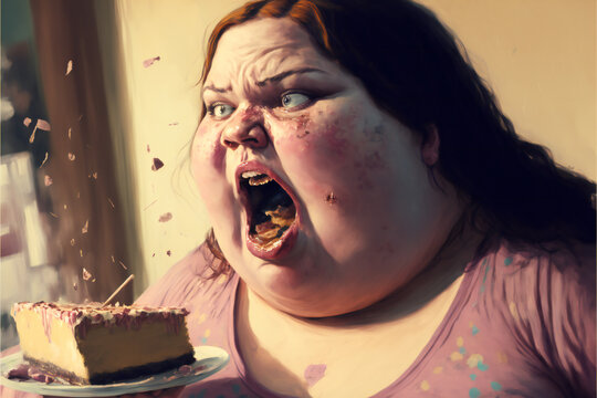 Young Fat Woman Eating A Cake.  Image created with Generative AI technology.