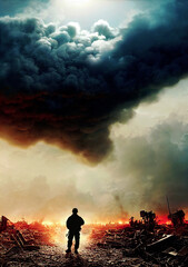 Fototapeta premium Soldier standing alone after the war in battlefield, digital art style ,made with Generative AI