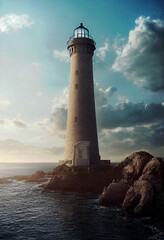 Obraz premium Lighthouse on the island bathed in golden light from the setting sun ,made with Generative AI