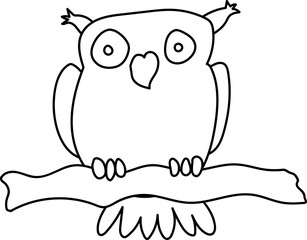 illustration outline of a bird owl thrush woodpecker on a tree branch on a white background