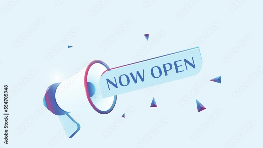 Poster now open text with 3d realistic megaphone animation. megaphone sign banner for promo video. 4k anima
