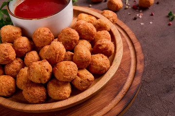 Chicken popcorn, deep fried, nuggets, close-up, rustic, no people,