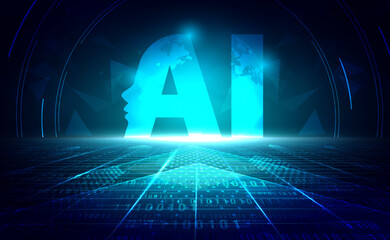 AI Artificial intelligence abstract, Digital technology blue green background binary code, abstract tech big data analysis, deep learning machine learning, computer vision, illustration vector 3d