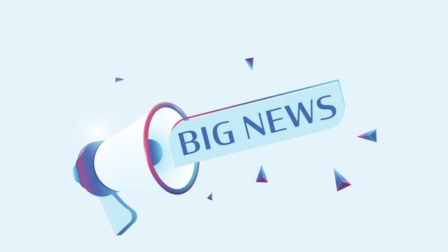 Big news text with 3d realistic megaphone animation. Megaphone sign banner for promo video. 4K animation