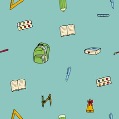School items seamless pattern on dark background. Back to school