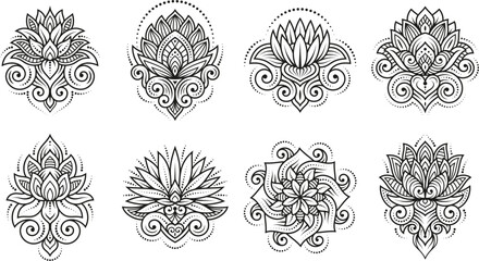 Lotus tattoo design. Creative bohemian lotos flowers tattoos, modern zen mandala ornament. Henna ornate drawing templates, tidy vector floral design - obrazy, fototapety, plakaty