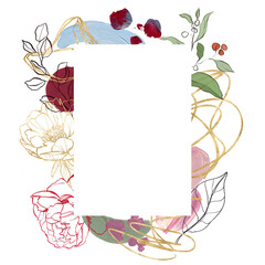 Watercolor Christmas abstract frame of linear flower, magenta, green and beige spots. Hand painted card of plants isolated on white background. Botanical illustration for design, print, background.