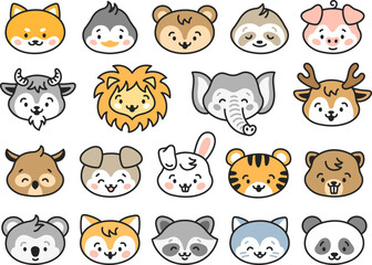 Kawaii animal avatars. Cartoon cute stickers with funny animals faces. Dog, lion, cat portraits. Childish funny mascots, isolated tidy vector zoo set