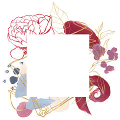 Watercolor Christmas abstract frame of linear flower, magenta, blue and gold spots. Hand painted card of plants isolated on white background. Botanical illustration for design, print, background.